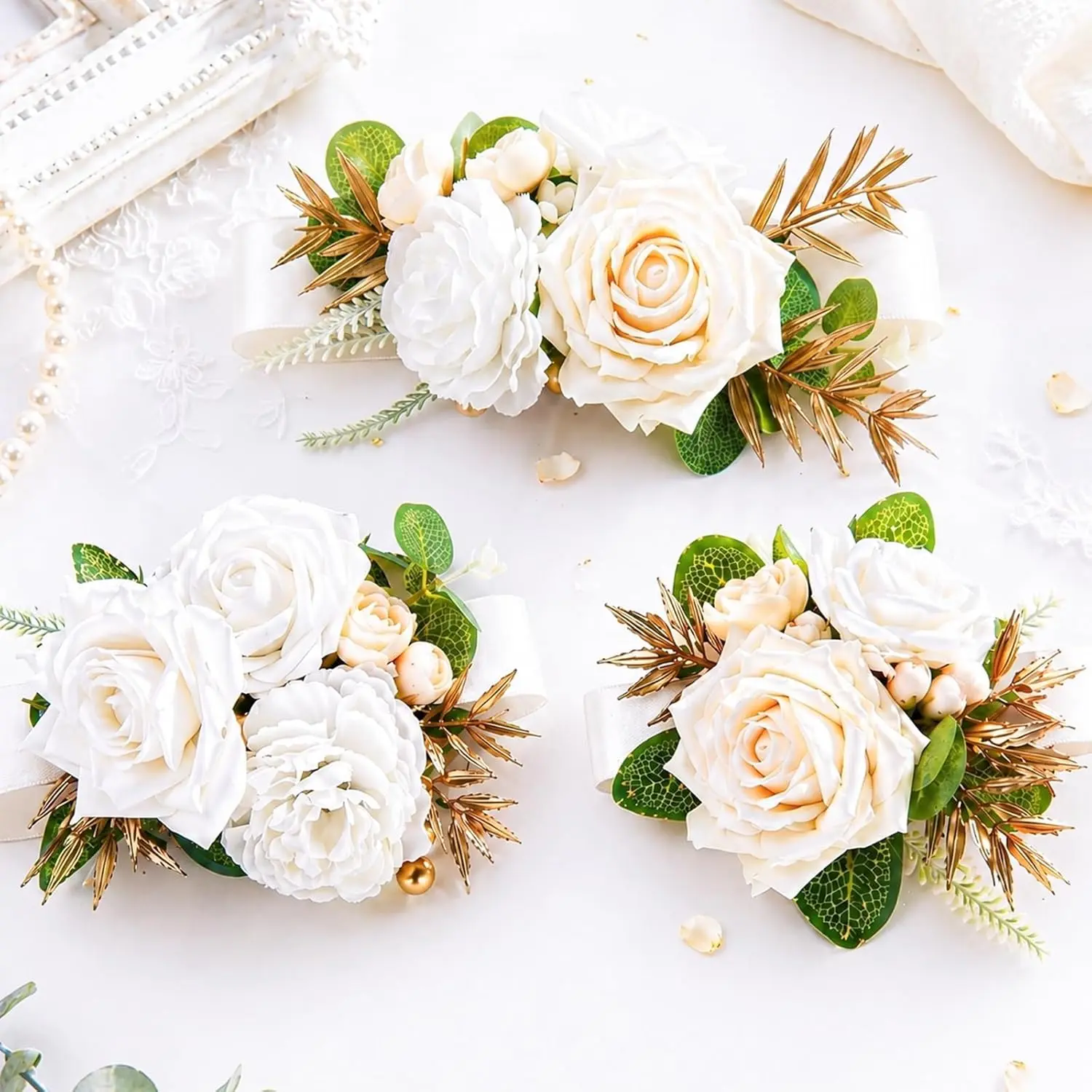 3 PCS Premium Rose Boutonniere & Wrist Corsage, White Champagne Cake Decor Flowers, Silk Floral Picks with Leaves for Wedding, Bridal Shower, Birthday, Baptism Party Decor