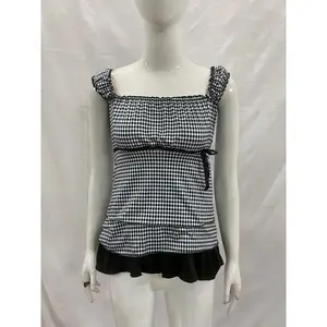 Summer Women's Sweet Gingham Ruffle Camisole Black And White Plaid Sleeveless Tank Top Aesthetic Casual Streetwear  2025 New
