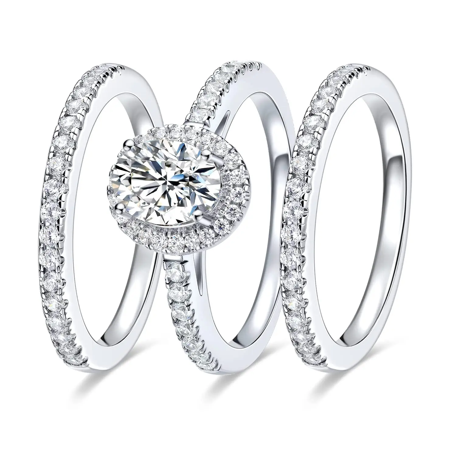 GEMSME 1.5CT Oval Cut Halo Cubic Zirconia 3-in-1 Bridal Engagement Ring Set - Wedding Promise Eternity Jewelry, Mother's Day Gift for Women, Sizes 5-10 (R-1013), Rings For Women, Wedding Ring Sets