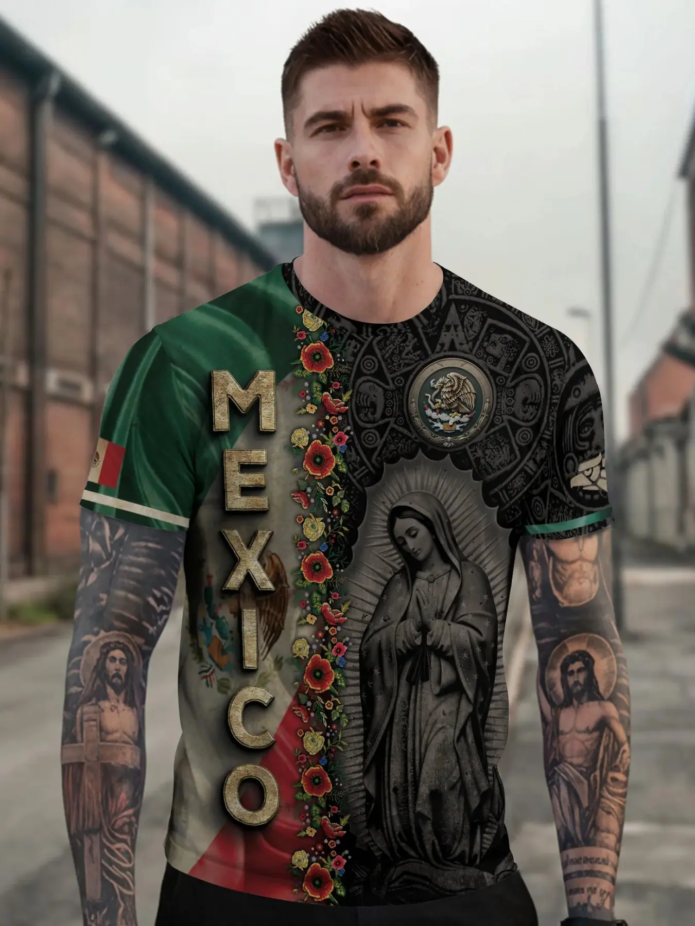Mexican Flag Guadalupe Virgin Aztec Floral Cultural Heritage Shirt Tops, Clothes, Menswear, Long Fitted Sporty Casual Style, Animal Print Ethnic Pattern, All Seasons