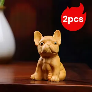 Hand Carved Sandalwood Bulldog Figurines 2 Pack, Cute Puppy Desk Decor, Natural Wood Home Ornament