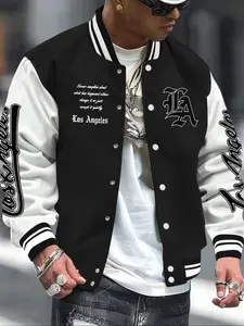Men's Baseball Jacket Colorblock Letter Print Long Sleeve Pilot Coat Outerwear, Casual Sporty Fitted Campus Style, Comfortable Daily Wear