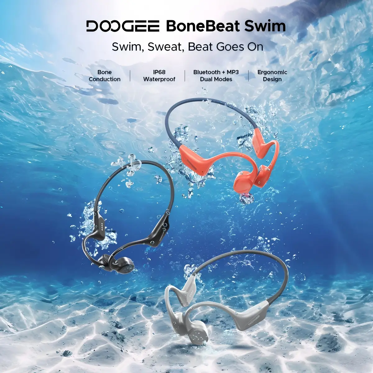 DOOGEE BoneBeat Swim IP68 Bone Conduction Headphones, Bluetooth & MP3, 8H Battery, Lightweight & Comfortable, Waterproof for Swimming, Cycling, Fitness & Underwater Training.