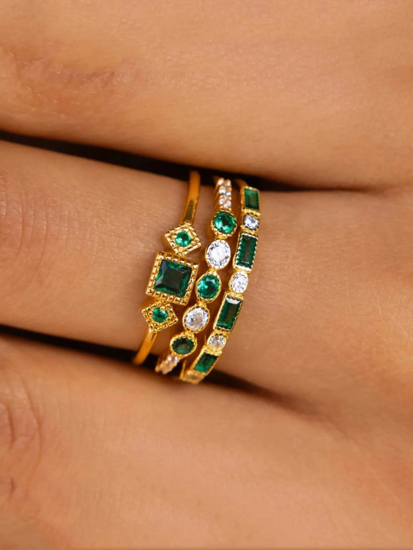 3 Pieces/set Vintage Green Cube Zirconia Ring Women's Stacked Ring Stackable Finger Rings Engagement Ring Wedding Engagement Exquisite Jewelry Set Birthday Anniversary Christmas Gift Fashion Engagement Rings