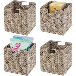 mDesign Natural Woven Hyacinth Cube Organizer Basket with Handles - Storage for Kitchen Cabinet or Pantry Shelf, Perfect for Cubby Storage Units, Holds Snacks or Small Appliances, 4 Pack, Gray Wash