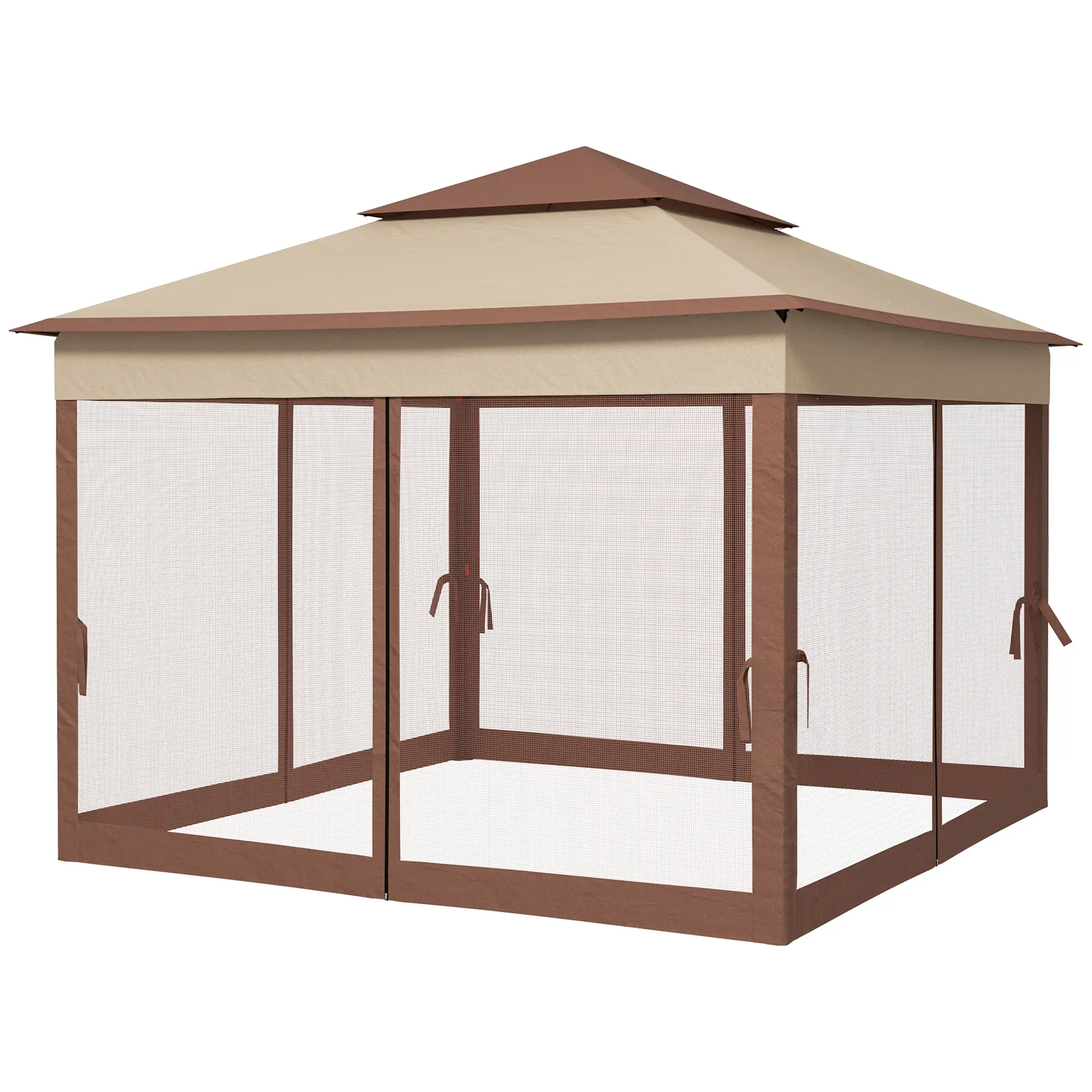 128-Inch Square Khaki Pop Up Tent with 4 Mesh Sidewalls, Netted Top, Drainage Holes & Powder Coated Steel Frame – Breeze-Friendly, Bug-Free for Camping, Family Reunion
