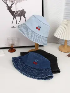 Cherry Embroidered Denim Bucket Hat, Casual Wide Brim Sun Protection Hat for Women & Men, Fashion Accessories for Daily Wear