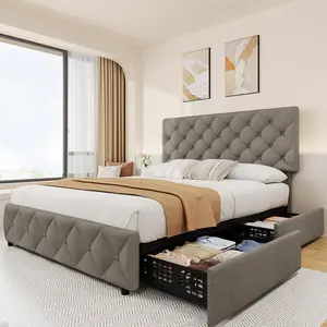 【Christmas Gift】Grey Queen Size Bed Frame with 4 Storage Drawers, Linen Upholstered Platform Bed Frame with Adjustable Headboard, Diamond Stitched Button Tufted, No Box Spring Needed, Light Grey