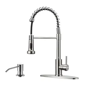 NGNP Kitchen Faucet with Pull-Down Sprayer, Stainless Steel Commercial Kitchen Faucet, 1 Handle, Pull-Out Spring Sink Faucet, 1 or 3 Hole Compatible,With soap dispenser，Suitable for Farmhouse, Camper, Laundry Room, RV, Bar Double Set Bowl cool Magnetic