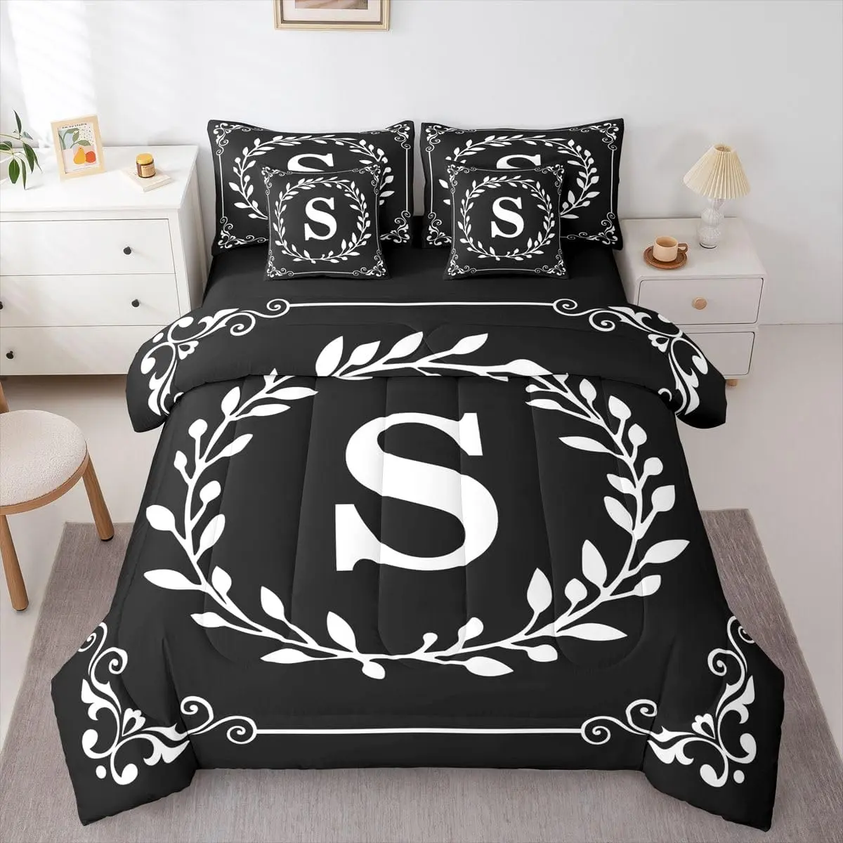 Monogram Letter S Bed in A Bag 7 Piece Black and White Comforter Set with Sheets Personalized Gifts for Adult Frends Boho Damask Floral Bedding Setvintage Rustic Bed Set