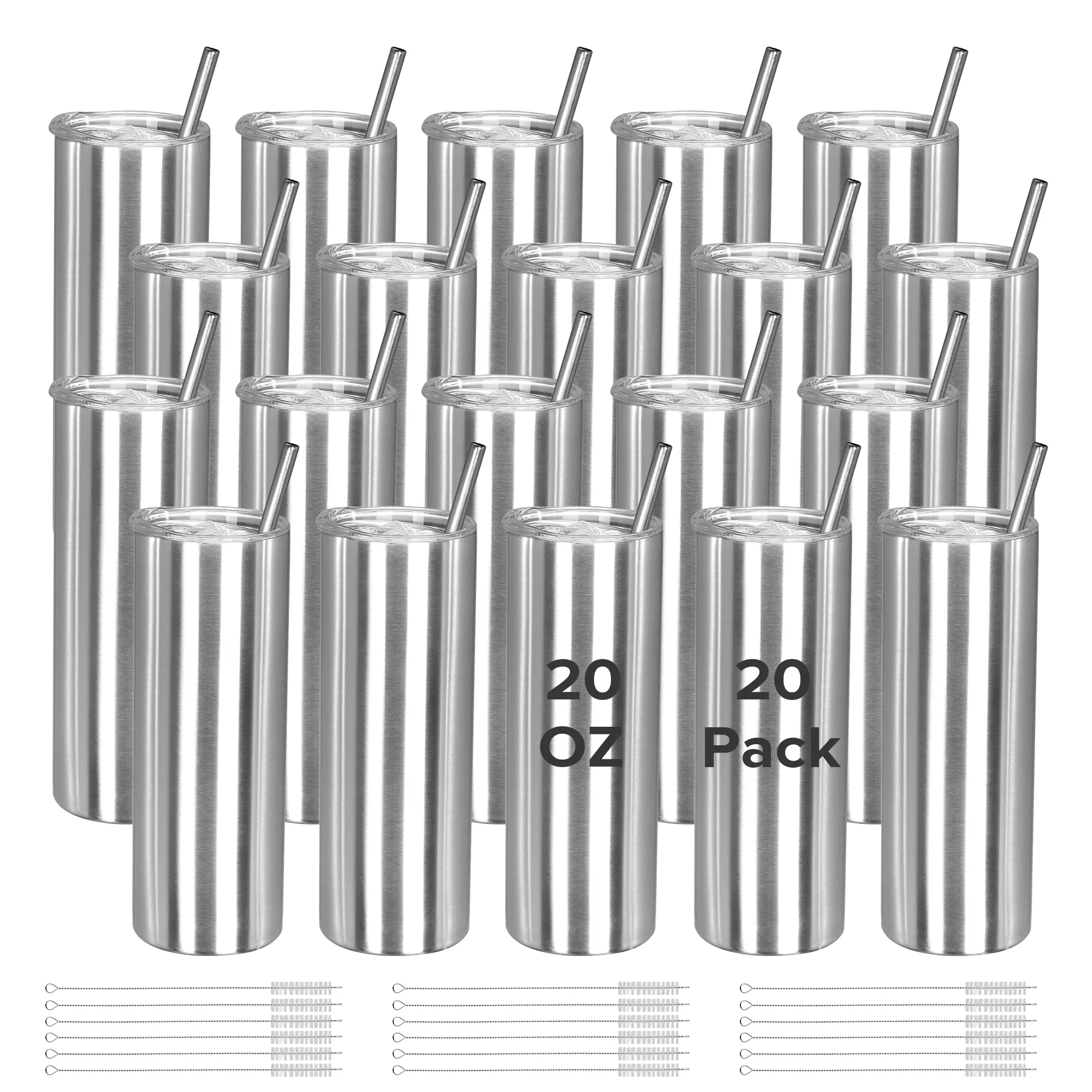 FASTSUB 20 oz Stainless Steel Skinny Tumblers (20 Pack) - Pre-Sanded Silver Kitchenware, Insulated Vacuum Travel Flasks with Straw and Lid for Epoxy, UV Printing