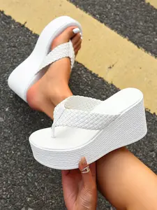 2026 European and American Fashion White Braided Strap Flatform Wedge Thong Sandals for Women – High Platform Heel, Non-EVA Comfy Sole, Summer Open Toe Slides for Beach, Vacation, Daily Wear and Resort Outfits