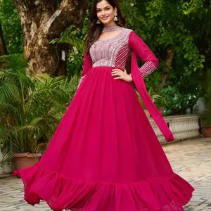 Long Shiny Georgette Dress from Indian - Pink Color with Elegant Design Womenswear Summer Original