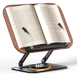 Adjustable Book Stand for Reading with 360° Rotating Bases, Foldable Designs, Elastic Clips, Multifunctional Display Stand for Recipe, Cookbooks, Magazines, Tablets, Laptops
