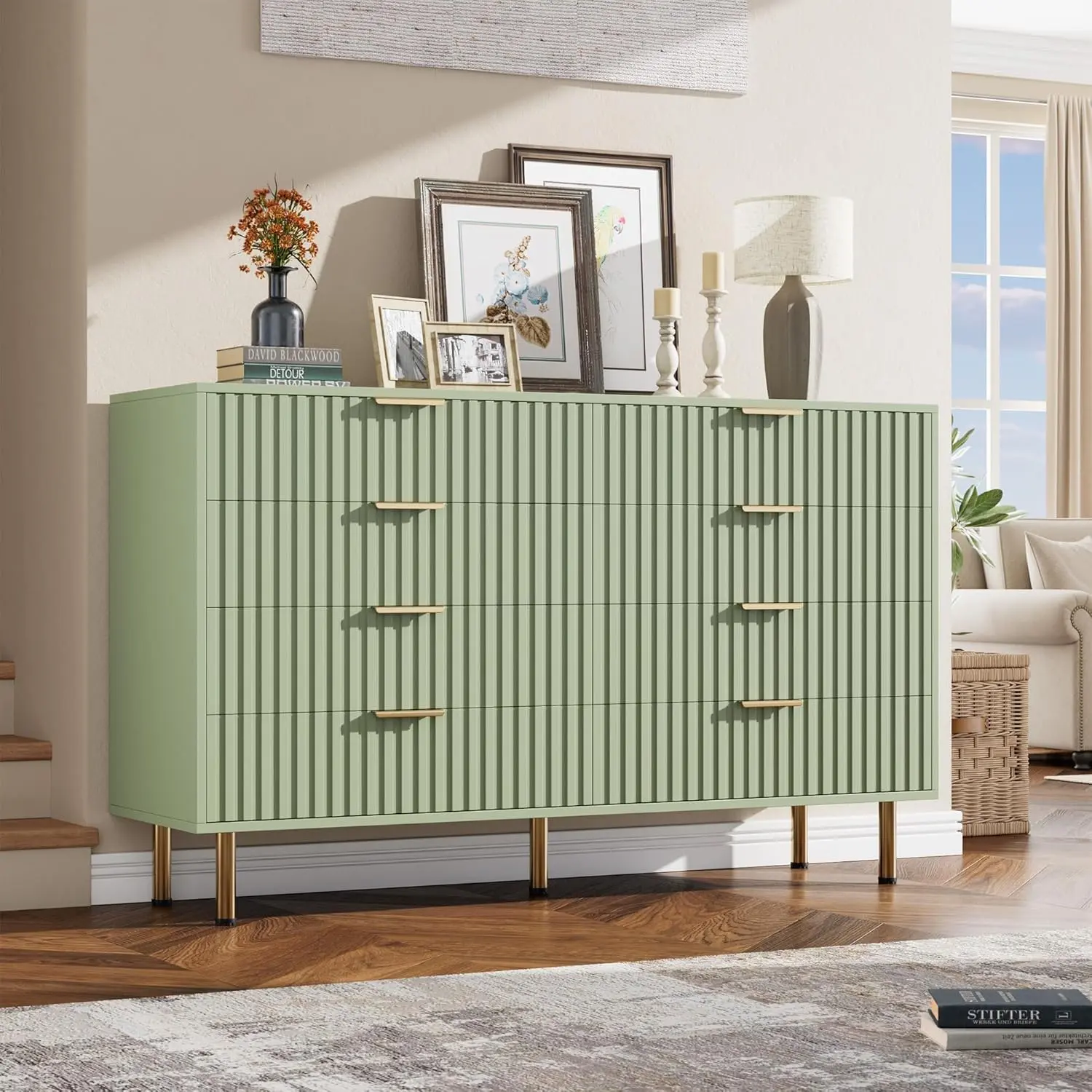 Gaomon 8-Drawer Fluted MDF Cabinet - P2 Certified, Odorless, Eco-Friendly, Thick Stable Base, Modern Storage Dresser, Silent Operation, Assembly Required, Housewarming Gift for Bedroom, MDF Cabinets