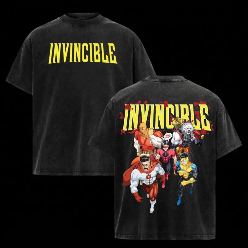 Invincible Acid Washed T-Shirt, Heavyweight Pure Cotton Graphic Tee, Iconic Image Comics Print,Trendy Pop Culture Apparel for Comic Book Fans,summervibes 90s graphic good tees Casual American Short Sleeve Unisex Washing T-shirt,Gym & Streetwear