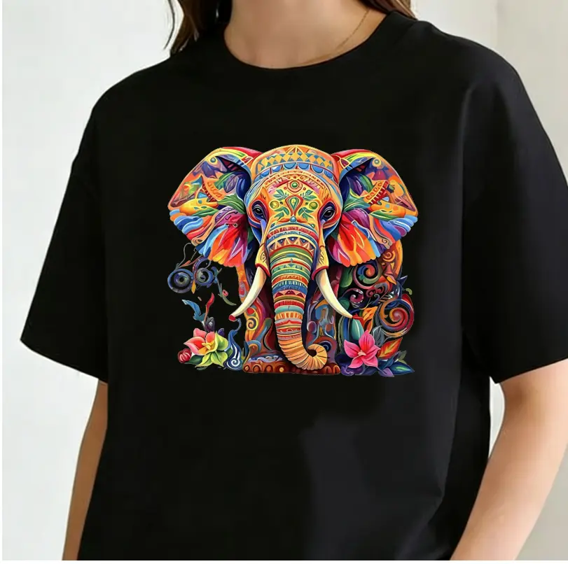 Women's Short-Sleeve Round-Neck T-Shirt - Black Casual Top with Exotic Ethnic Floral Elephant Print, Ideal for Spring Summer