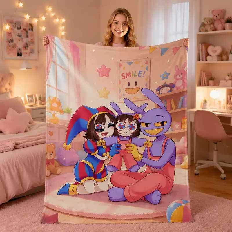The Amazing Digital Circus Pomni Jax Ragatha Family Cartoon Flannel Throw Blanket, Soft Warm All Season Anime Blanket for Sofa Bed Game Room, Perfect Birthday Christmas Halloween Gift for TADC Cartoon Fans Teens Kids