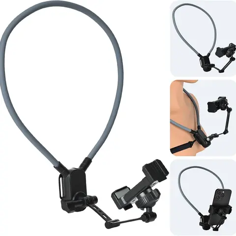 Neck Mount Cell Phone Holder - Flexible Plastic & Silicone Stabilizer, Buckle Design, Anti-Shake Chest Strap, 360° Adjustable Stand, Fold-Out Stand, Snap-On Quick Use for Vlogging Equipment, iPhone/Android Phone Accessories
