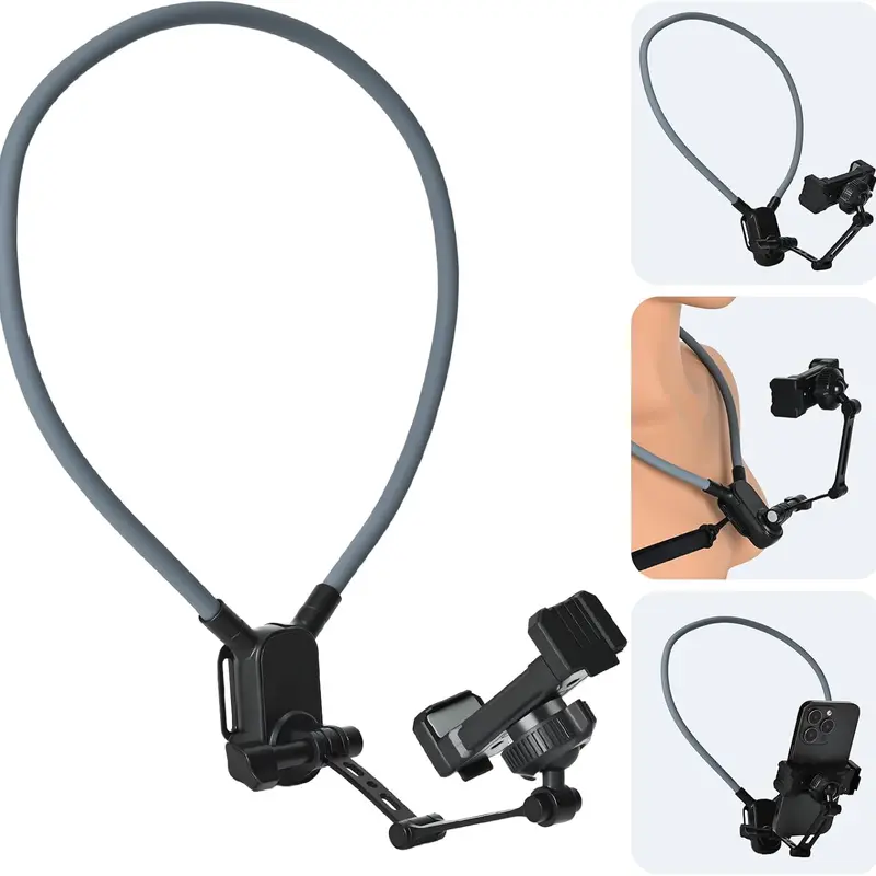 Neck Mount Cell Phone Holder - Flexible Plastic & Silicone Stabilizer, Buckle Design, Anti-Shake Chest Strap, 360° Adjustable Stand, Fold-Out Stand, Snap-On Quick Use for Vlogging Equipment, iPhone/Android Phone Accessories