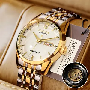 ROCOs Men's Luxury Automatic Mechanical Watch | Gold Vintage Design with Sunray Dial | Waterproof, Calendar Display & Calfskin Strap | Business & Formal Dress Timepiece mens
