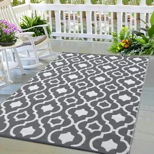 GARVEE Waterproof Outdoor Rug for Patio 6x9 ft Reversible Plastic Straw Rug Outside Portable RV Carpet for Camping Picnic Balcony Backyard Porch, Grey & White