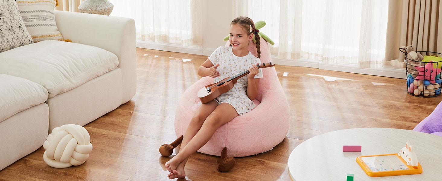 【New】Modern Beanbag Chair, 24-31 Inch Padded Toddler Sofa with High Rebound Memory Foam, Beige-Purple Eggplant Design, Ideal for Reading, Gaming