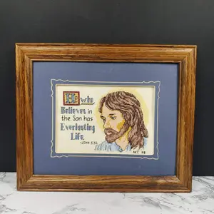 Handmade Framed Jesus Needlepoint Vintage