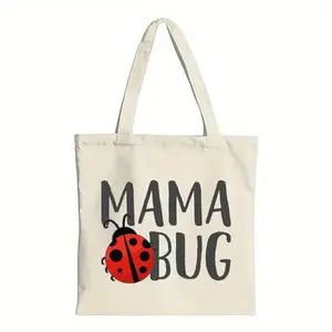Mama Bug Canvas Tote Shoulder Bag - Cute Ladybug Mom Gift "MAMA BUG" Text & Red Ladybug Design, Durable Canvas Bag for Everyday Use
