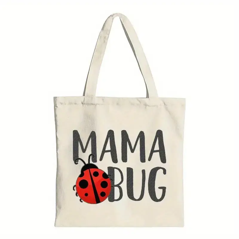 Mama Bug Canvas Tote Shoulder Bag - Cute Ladybug Mom Gift "MAMA BUG" Text & Red Ladybug Design, Durable Canvas Bag for Everyday Use