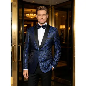 2 pcs Floral Pattern Jacquard Tuxedo Set -Blazer Pants Men'S Formal Suits For Prom And Wedding Party - Single Button Blazer, Slim-Fit Pants