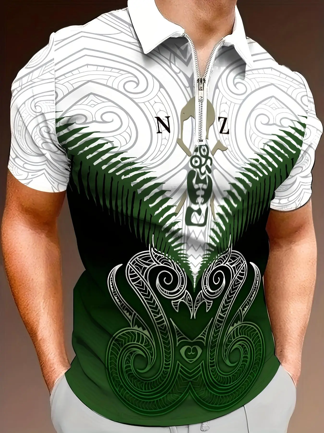 Men's Regular Fit Polynesian Tribal Print Zipper Polo Shirt, Casual Short Sleeve Half Zip Top for Summer, Fashion Men's Clothes for Daily Wear, Tropical, Casual Polo Shirts