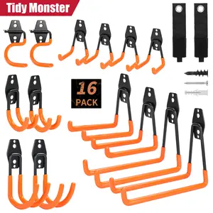16 Pack Garage Hooks Heavy Duty Organization for Tools Wall Mount Utility Hook Garage Hanger Storage Hooks with 2 Extension Cord Straps Shed Organiser