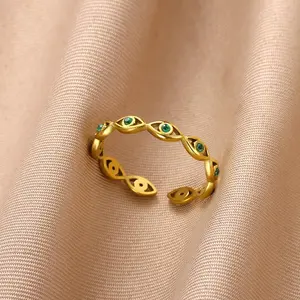 Green Cubic Zirconic Evil Eye Rings For Women Stainless Steel Gold Color Open Adjsutable Finger Ring Fashion Jewelry Gift