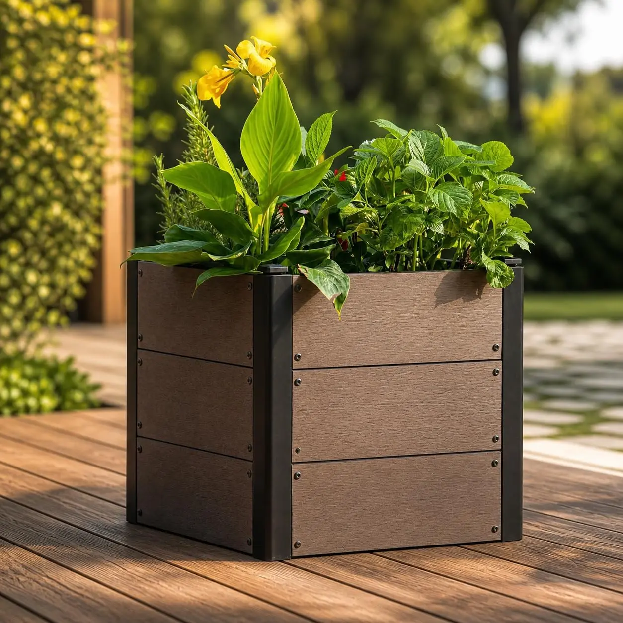 Durable WPC Raised Garden Bed Kit, Brown Bottomless Square 19x19x18in Planter Box with Deep Root Space, Easy Assembly, Moisture & UV Resistant for Decks, Gardens, Balconies, Moisture Resistant, Wood Look Square Or Rectangular Planter