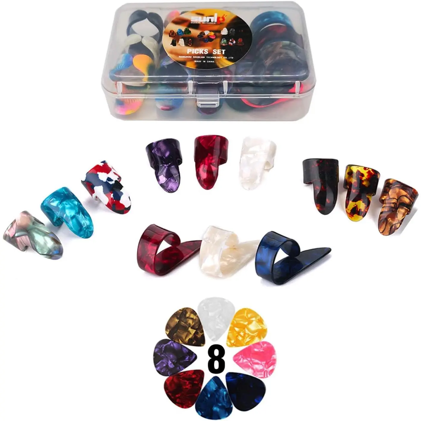 Thumb Finger Picks Plectrum With Plastic Picks Case, 1 Dozen (3 Pairs)  Celluloid Guitar thumb finger picks Mandolin Banjo thumb finger picks and Free 8 count 0.46mm Guitar Picks (Mix Color)