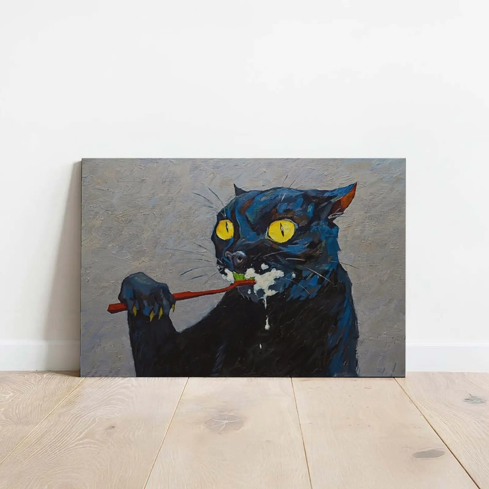 Quirky Black Cat Toothbrush Canvas Print | Impasto Oil Painting Style Wall Art | Unframed Funny Decor Gift