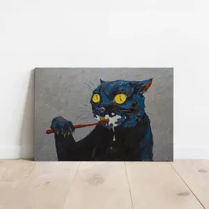 Quirky Black Cat Toothbrush Canvas Print | Impasto Oil Painting Style Wall Art | Unframed Funny Decor Gift