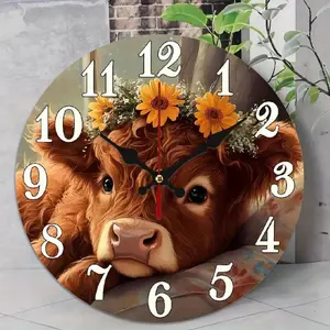 1 acrylic silent wall clock for home use, Highland cow themed wall clock, floral elements, suitable for dining room and kitchen decoration, Christmas and Valentine's Day decoration, wall decoration, Decorative Clock