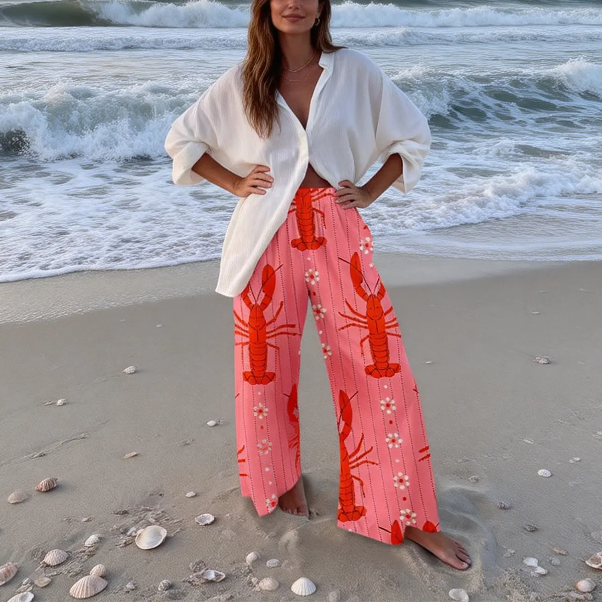 Women's Boho Palazzo Pants, Pop Art Lobster and Checkerboard Print Wide-Leg Summer Bottoms with Elastic Waist, Bohemian, Ethnic, Tank Top, Retro, Animal Print Pattern Pants, Casual Beachwear Pants