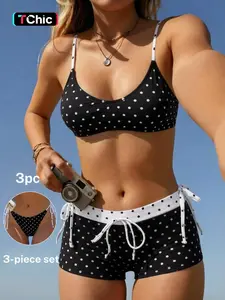 Vintage Polka Dot Women's Sexy Bikini U-Neck Halter Swimsuit with Tie Back Shorts, Summer Beach Resort Fashion Swimwear