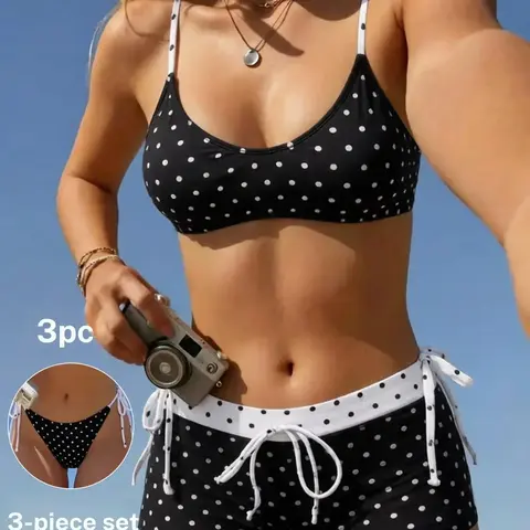 Vintage Polka Dot Women's Sexy Bikini U-Neck Halter Swimsuit with Tie Back Shorts, Summer Beach Resort Fashion Swimwear, Swimwear Sets, Beach Swimwear Clothes
