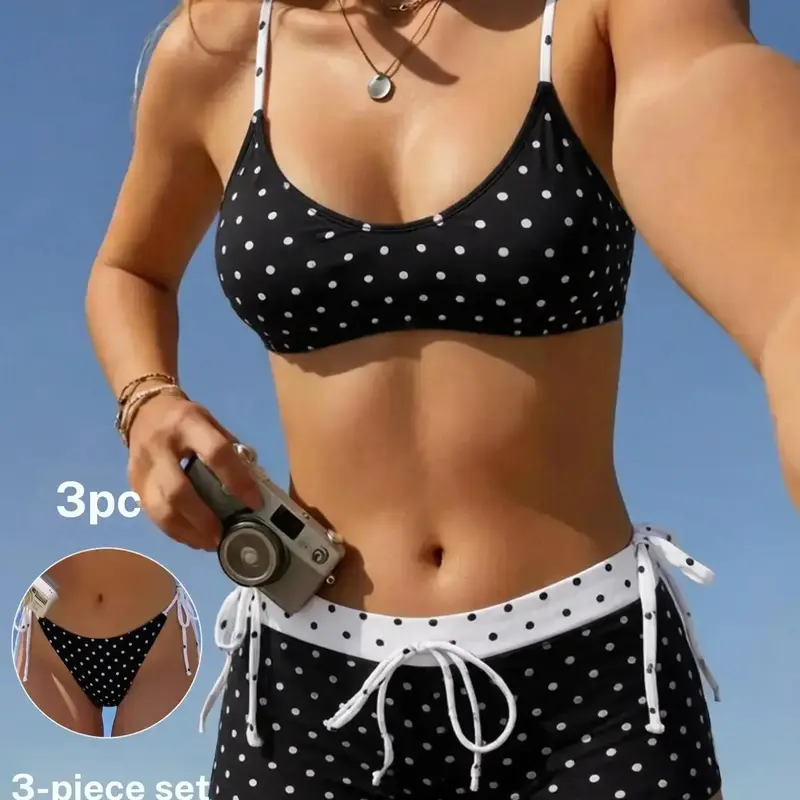 Vintage Polka Dot Women's Sexy Bikini U-Neck Halter Swimsuit with Tie Back Shorts, Summer Beach Resort Fashion Swimwear, Swimwear Sets, Beach Swimwear Clothes