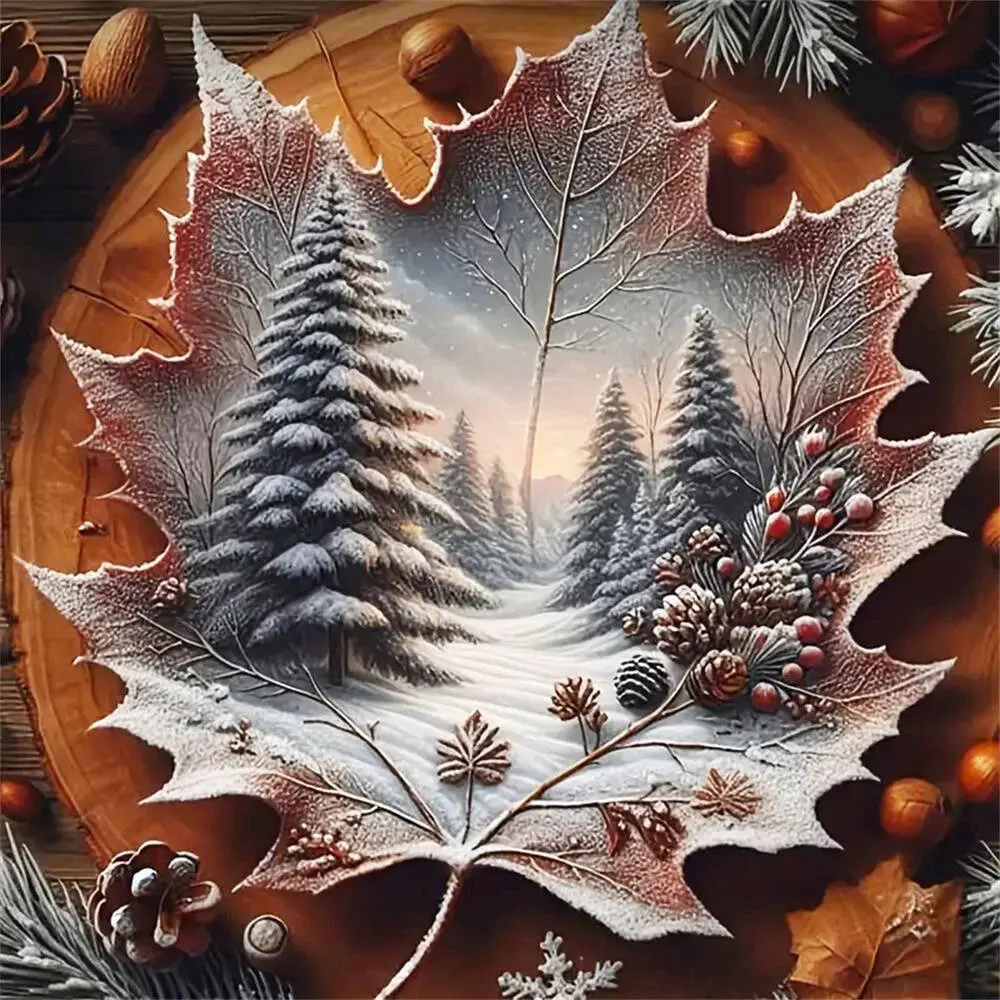 Frosted maple leaf winter scene with pine trees, nuts and red berries wall art, Handicraft, Multiple sizes available including square diamonds, 5D DIY diamond painting diamond art embroidery kit handmade furniture decor holiday gift
