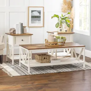 Modern Farmhouse Solid Wood Coffee Side Table Set, Set of 3, White Wash and Rustic Oak