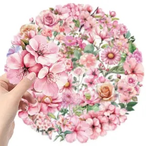 50 Cartoon Pink Flower Stickers for DIY Phone Case, Luggage, Computer, Notebook, Water Cup Decoration, PET Transparent Stickers