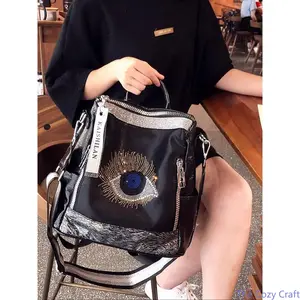 Women’s Stylish Eye‑Design Backpack, Trendy Contrast Rhinestone Embroidered Daypack, Large Capacity Multi‑Functional Casual Bag for Travel Outdoor Trips Daily Commute Cute Versatile Everyday Carry Backpack outdoorfun