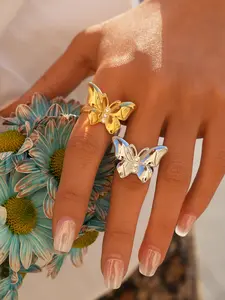 Stainless Steel Butterfly Zircon Open Ring, Delicate Luxury Design, Shiny & Versatile, Adjustable Comfortable Fashion Jewelry for Women