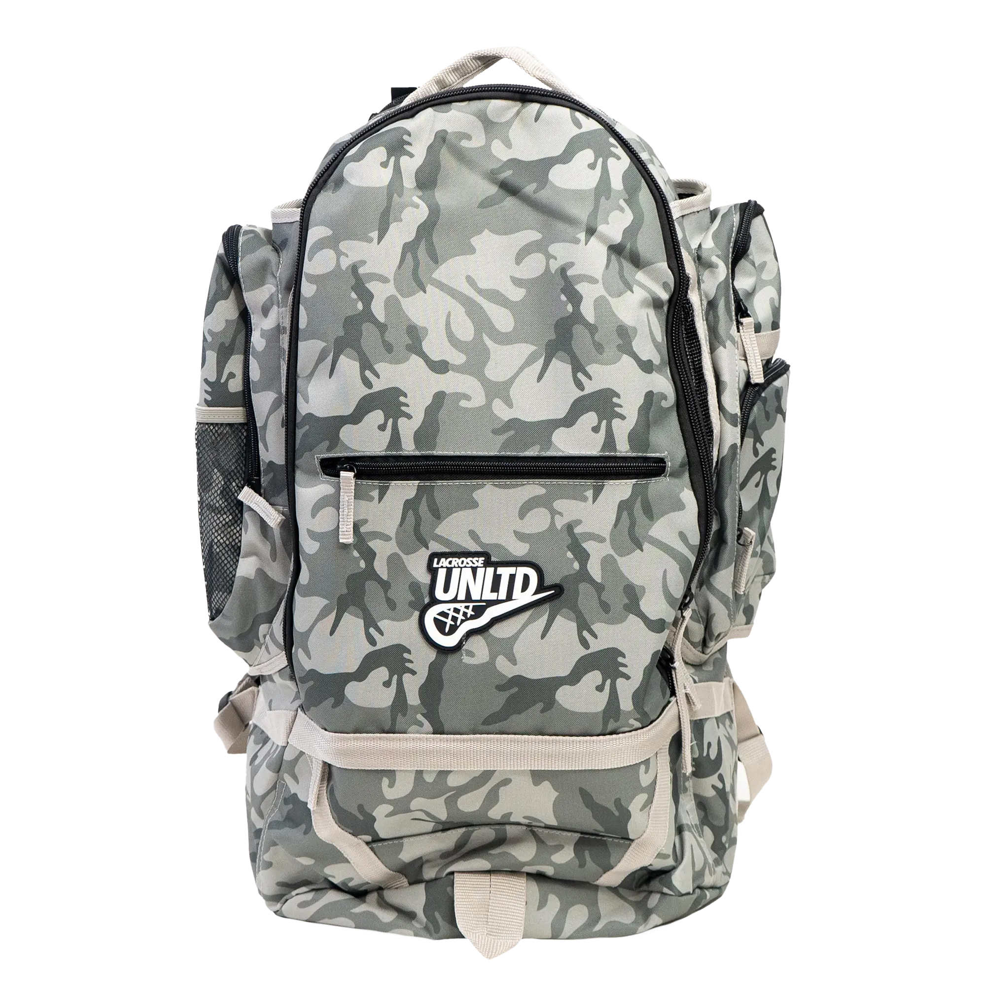 Overtime Adult Athletic Lacrosse Backpack, Grey Camo, Adjustable Strap, Airout Zippers, 17.5"h x 13"w x 8"d, Sports, Adults, Camo Backpacks, Camouflage, Fully Vented Zippers, Stick Loops