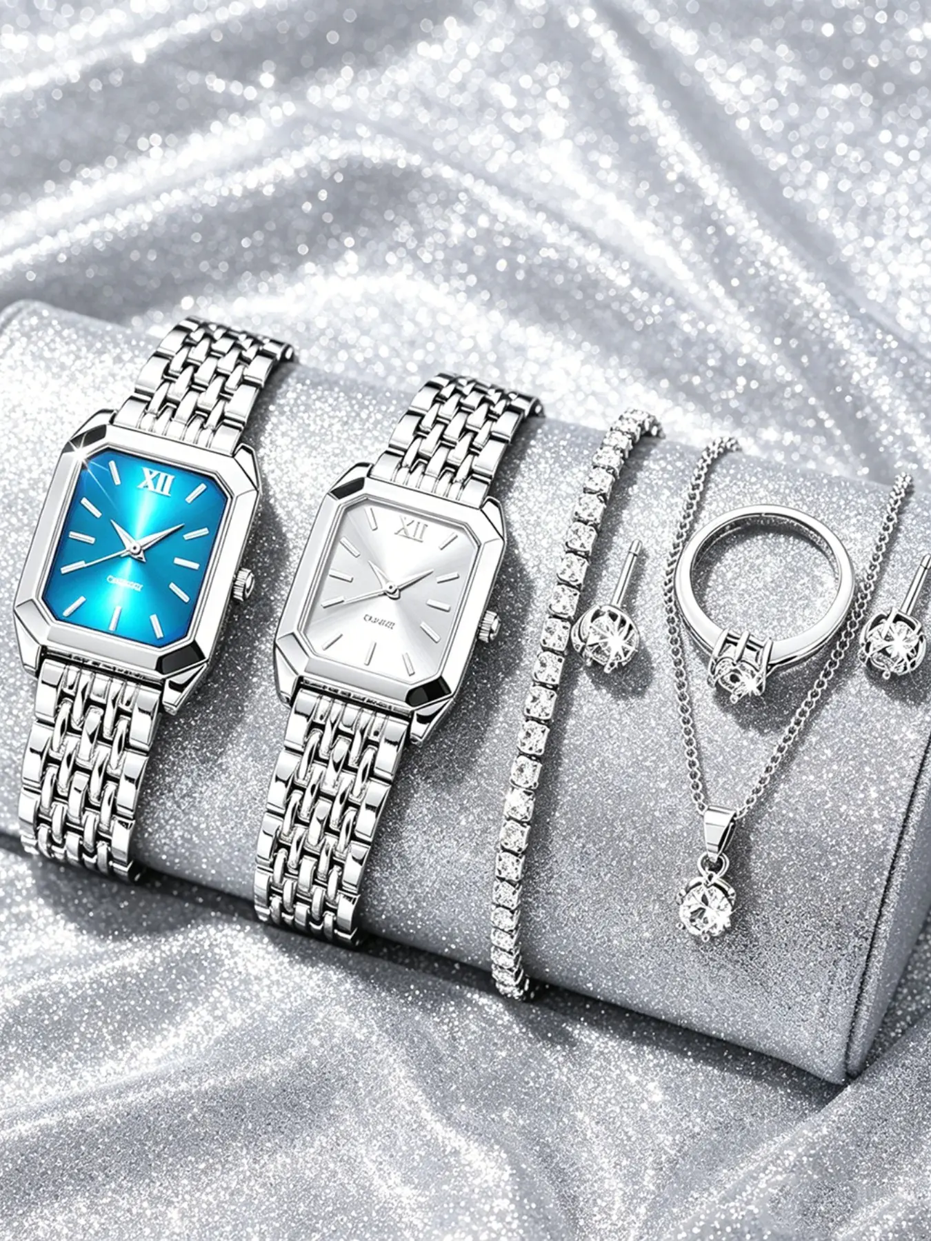 6-Piece Watch & Jewelry Set, Sparkling Rhinestone Square Lady Watch and Bracelet Set, Classic Rectangular Watch and Bracelet Kit